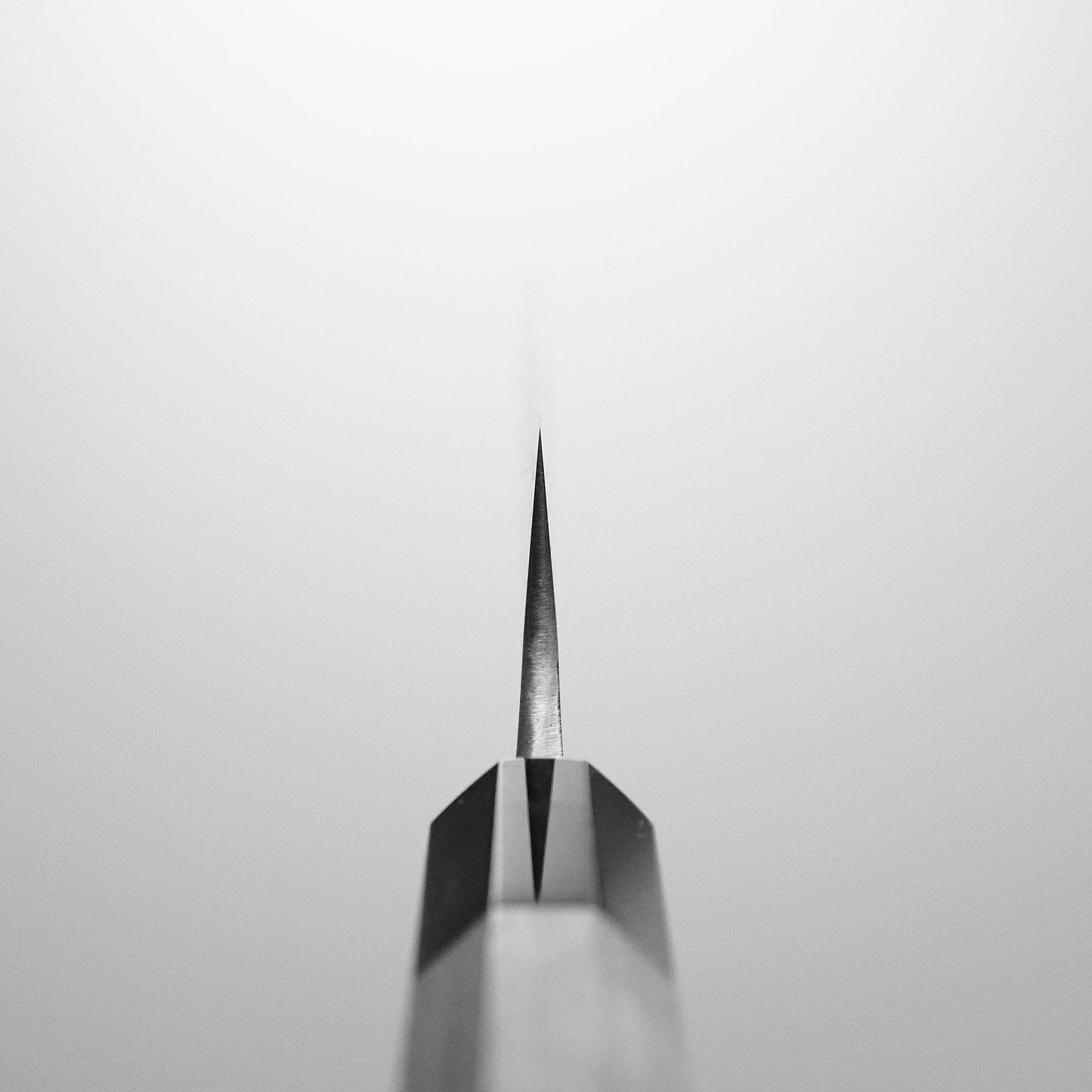 Close-up of the pointed tip of a Yoshikane Hatsukokoro x Yoshikane nashiji shirogami#2 petty knife 150mm, shot from above with a shallow depth of field against a plain, light background.
