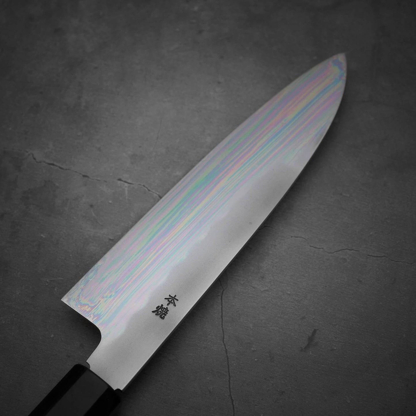 Top view of the left side of the blade of Yoshikazu Ikeda shirogami#3 santoku 165mm