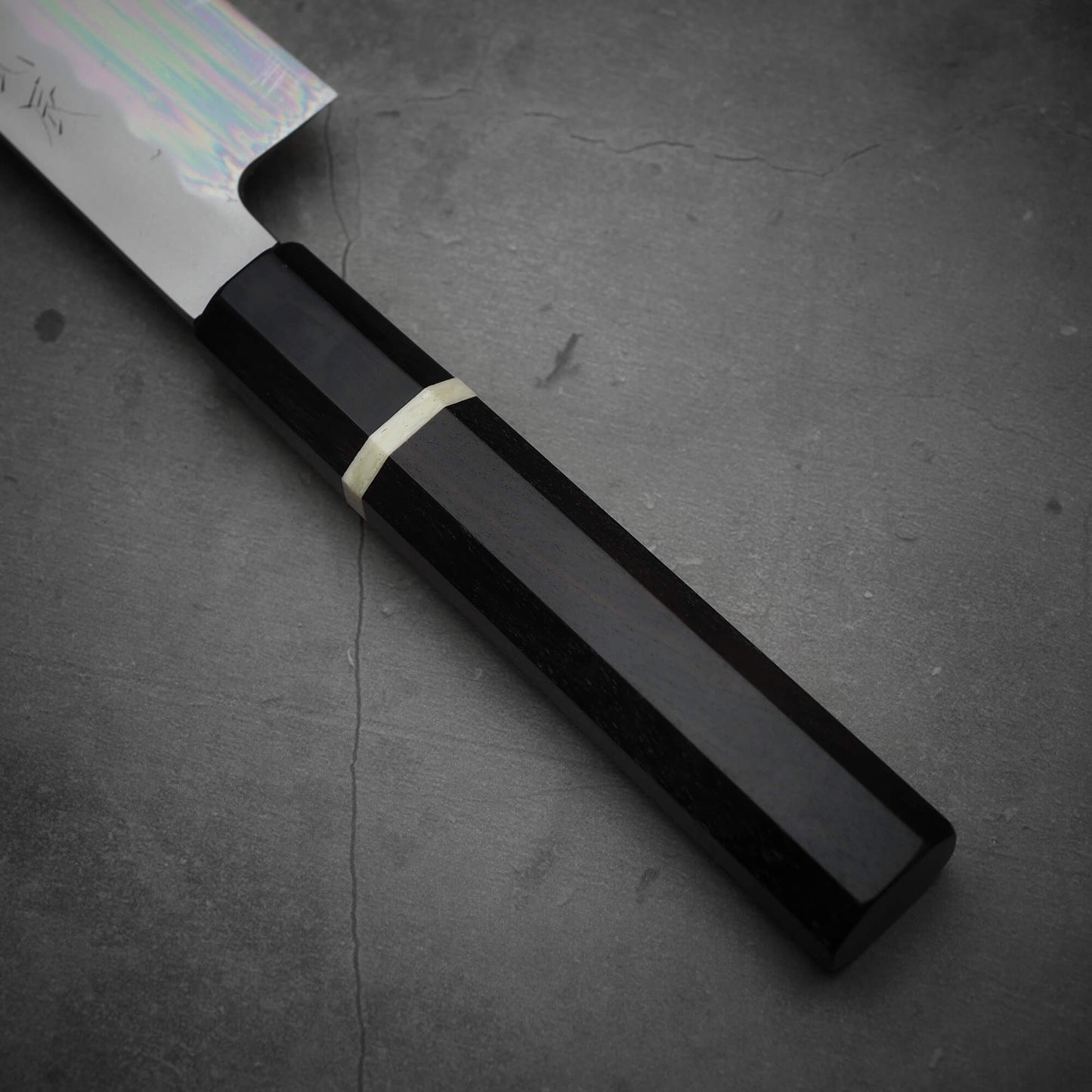 Close up of the ebony handle of Yoshikazu Ikeda shirogami#3 santoku 165mm