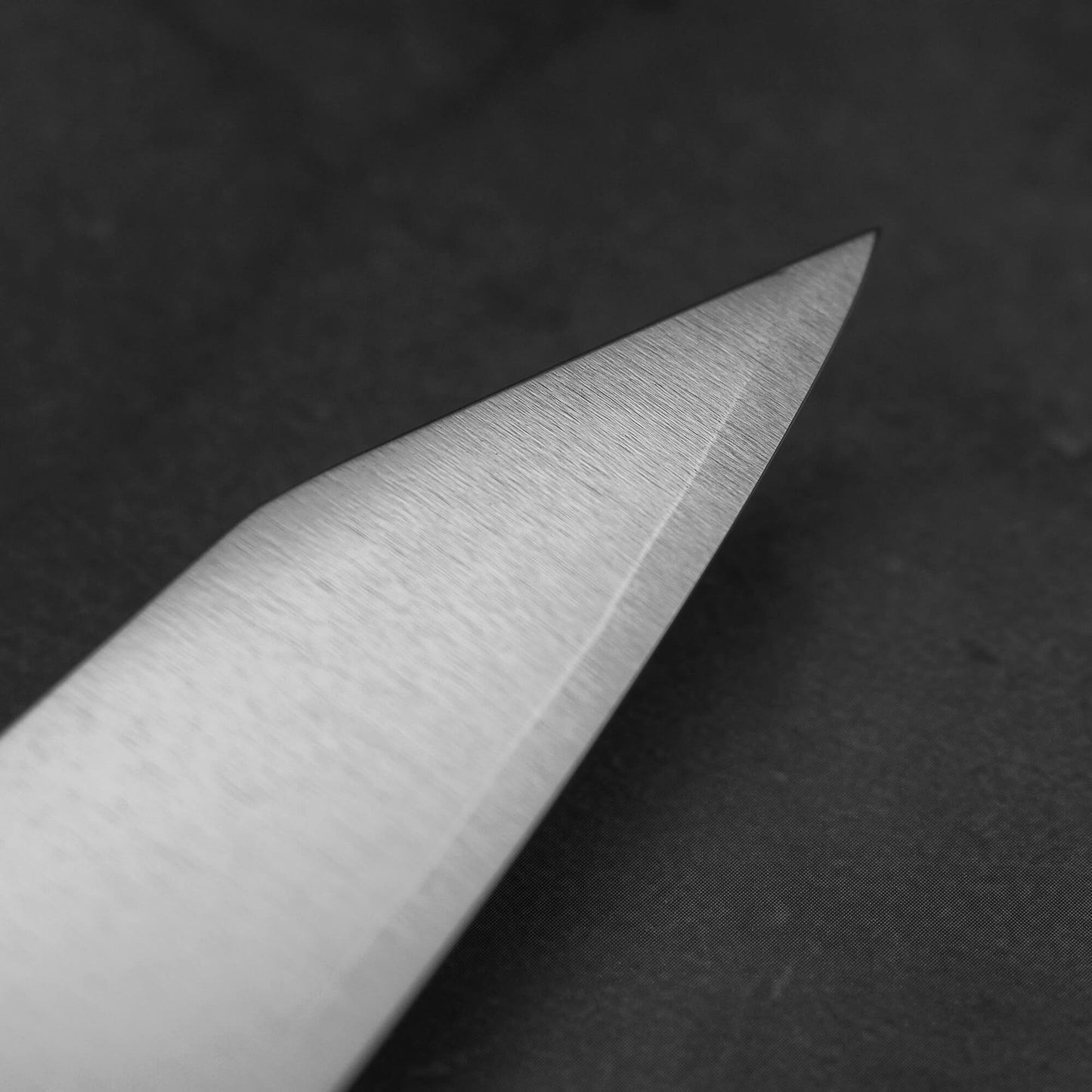Close up view of the tip area of a Yu Kurosaki HAP40 Gekko petty knife. Image focuses on the right side of the blade.