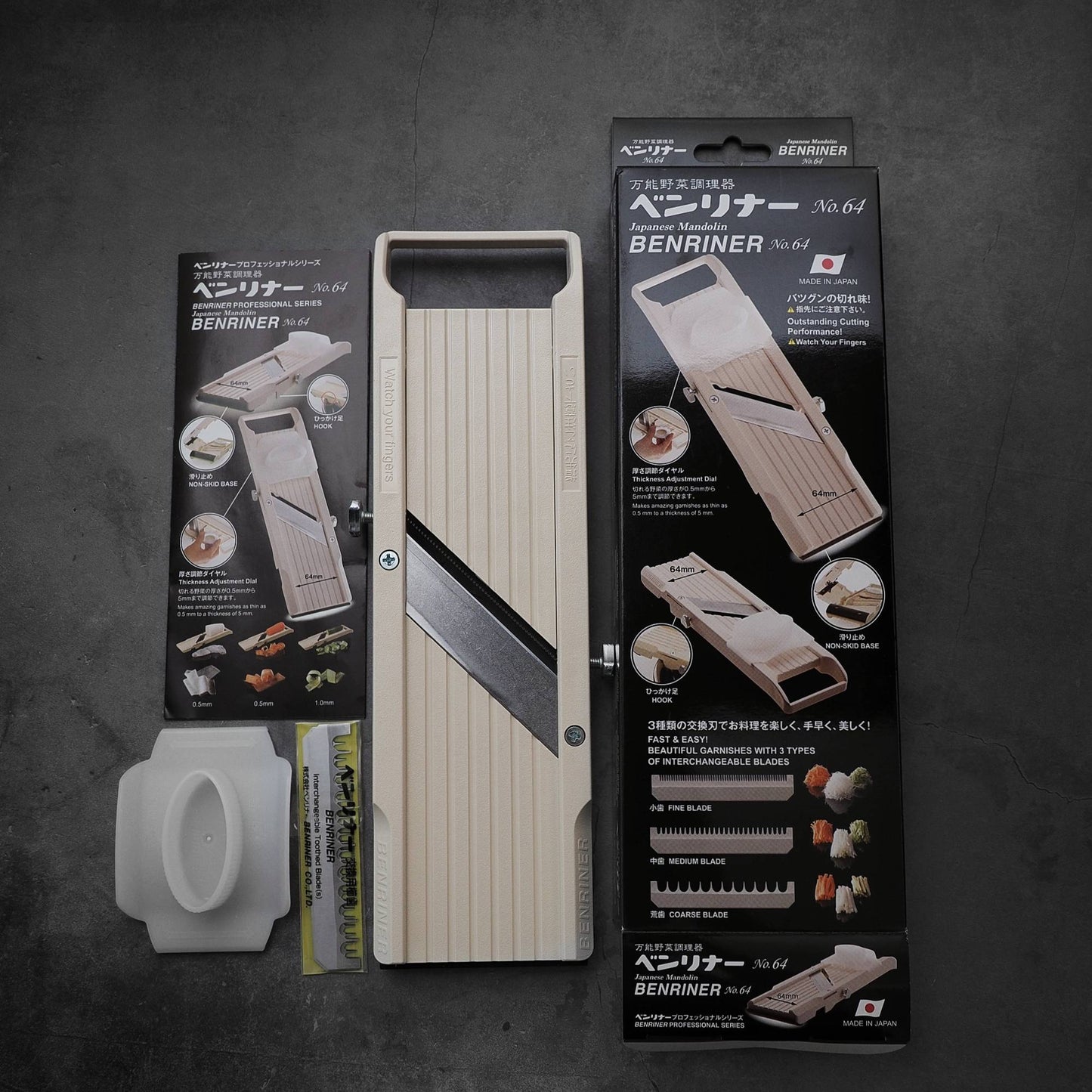 Top view of Benriner Mandoline Slicer with its accessories and box