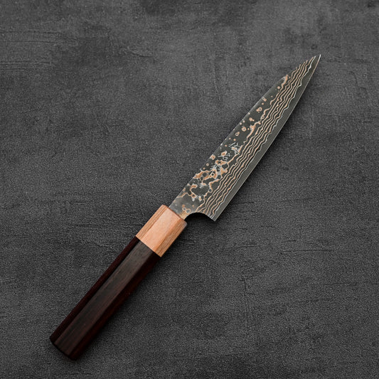 Top down view of Takeshi Saji VG10 Gold damascus petty knife