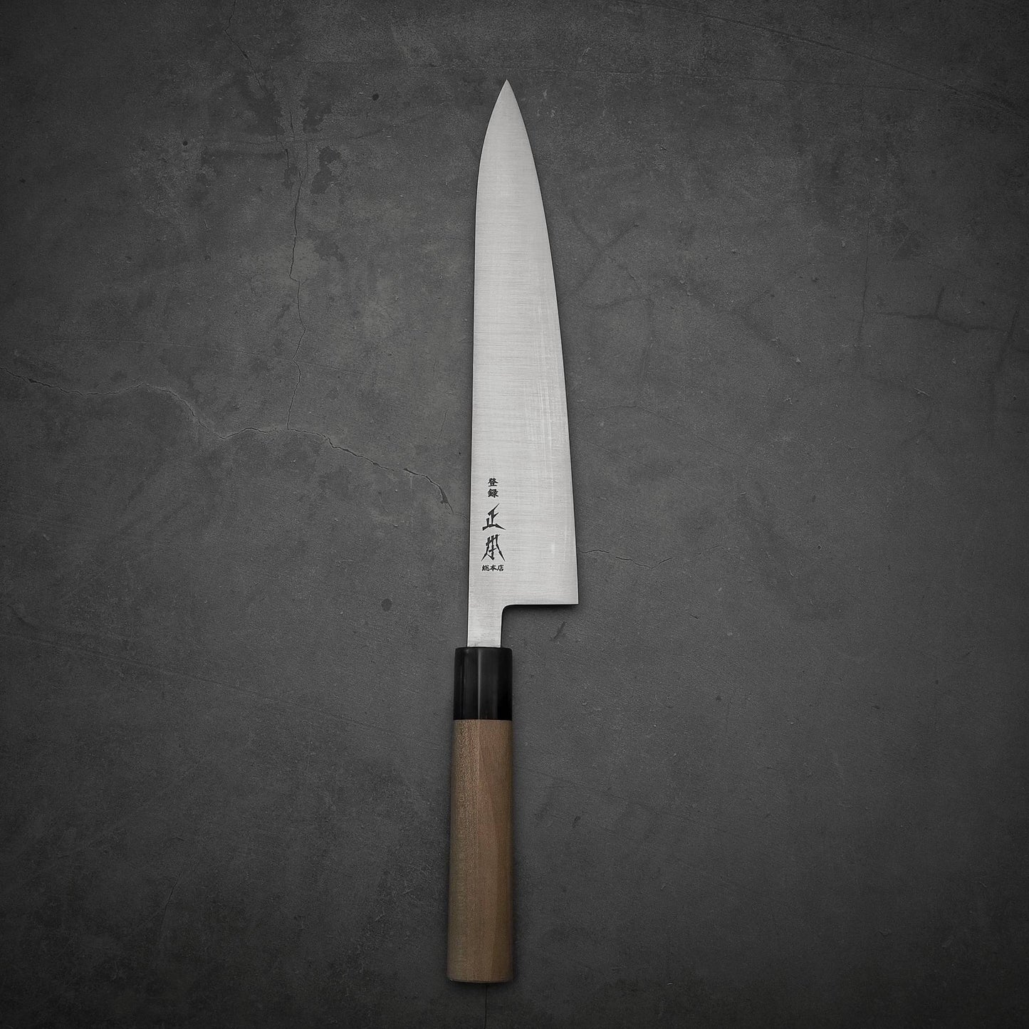 Top view of Masamoto KS shirogami#2 gyuto in vertical position