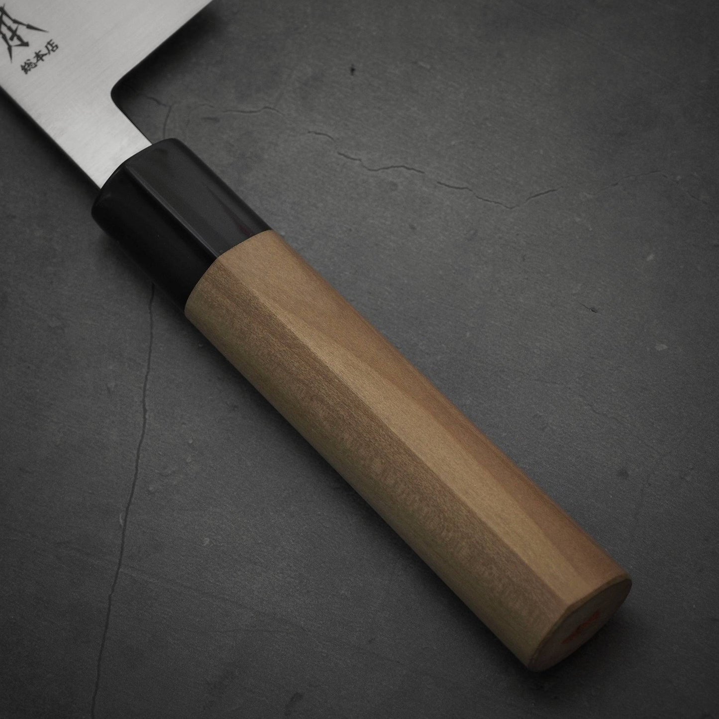 Close up view of the handle of Masamoto KS shirogami#2 gyuto