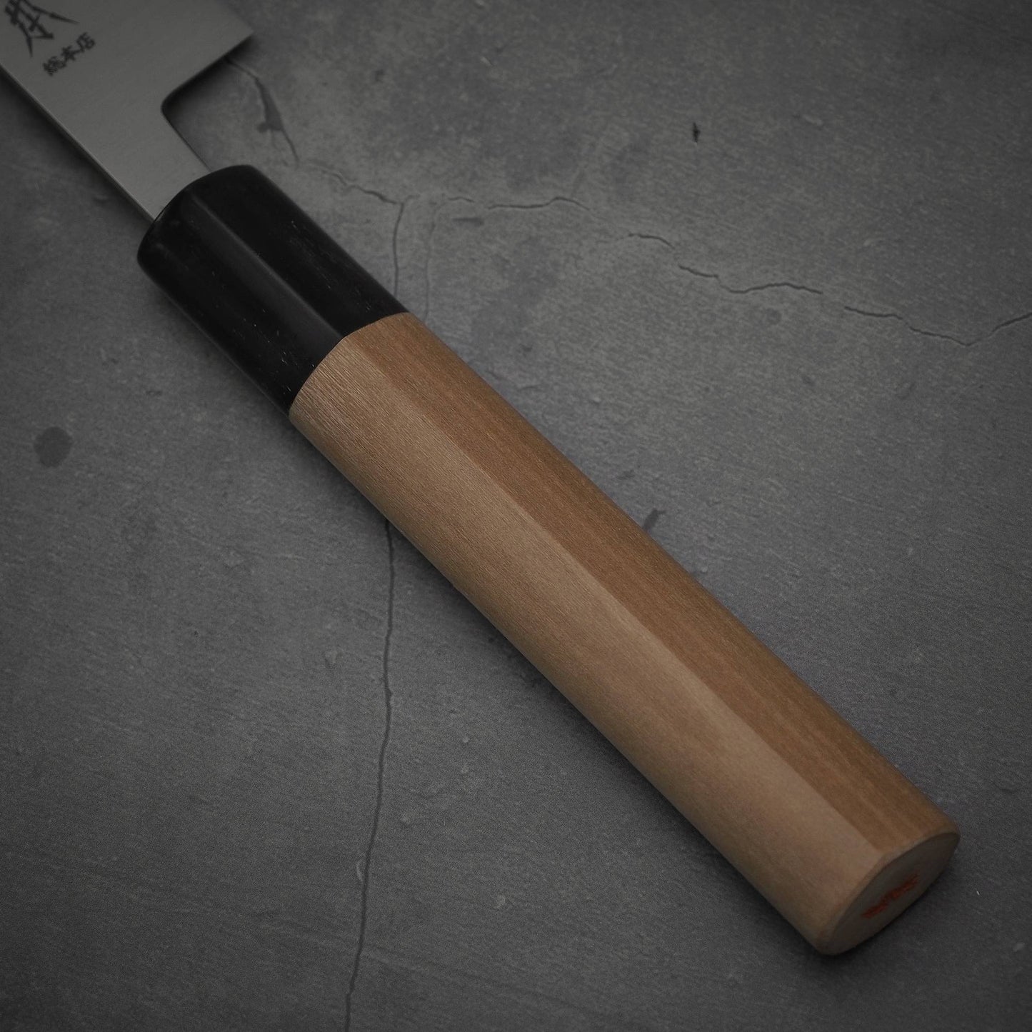 Close up view of the handle of Masamoto KS shirogami#2 petty knife