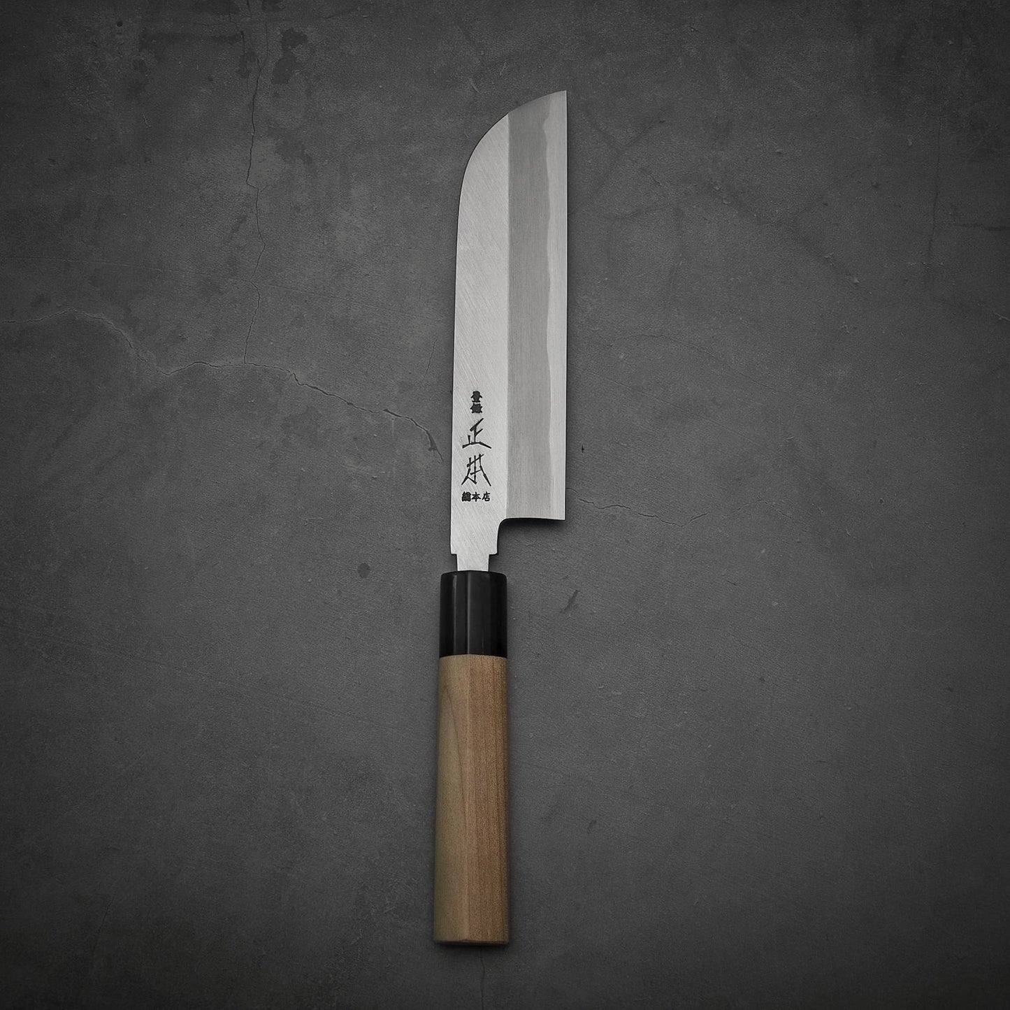 Top view of Masamoto KS shirogami#2 kamagata usuba knife in vertical position