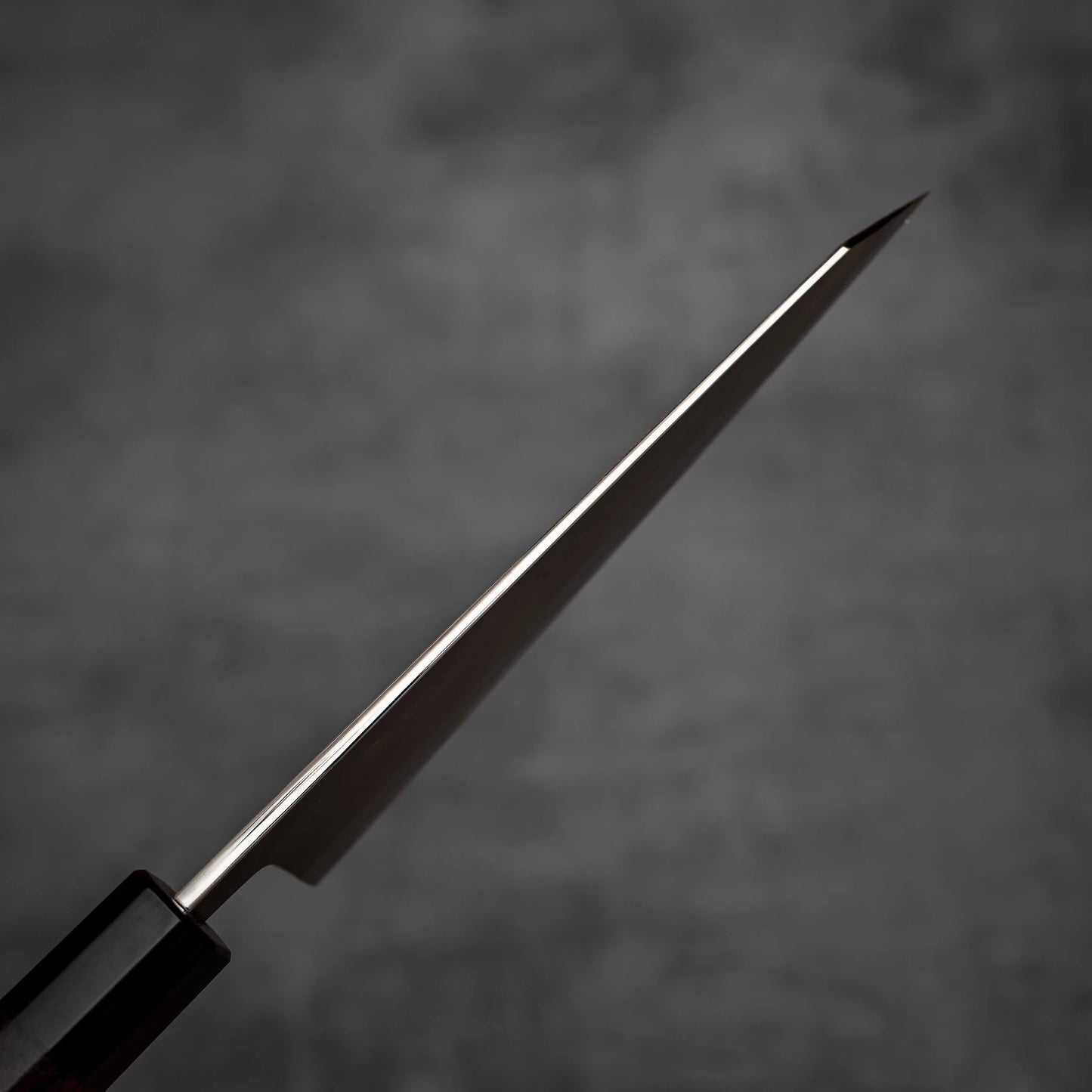 Spine shot of Yoshikazu Tanaka shirogami#1 double bevel honesuki knife showing the polish of spine