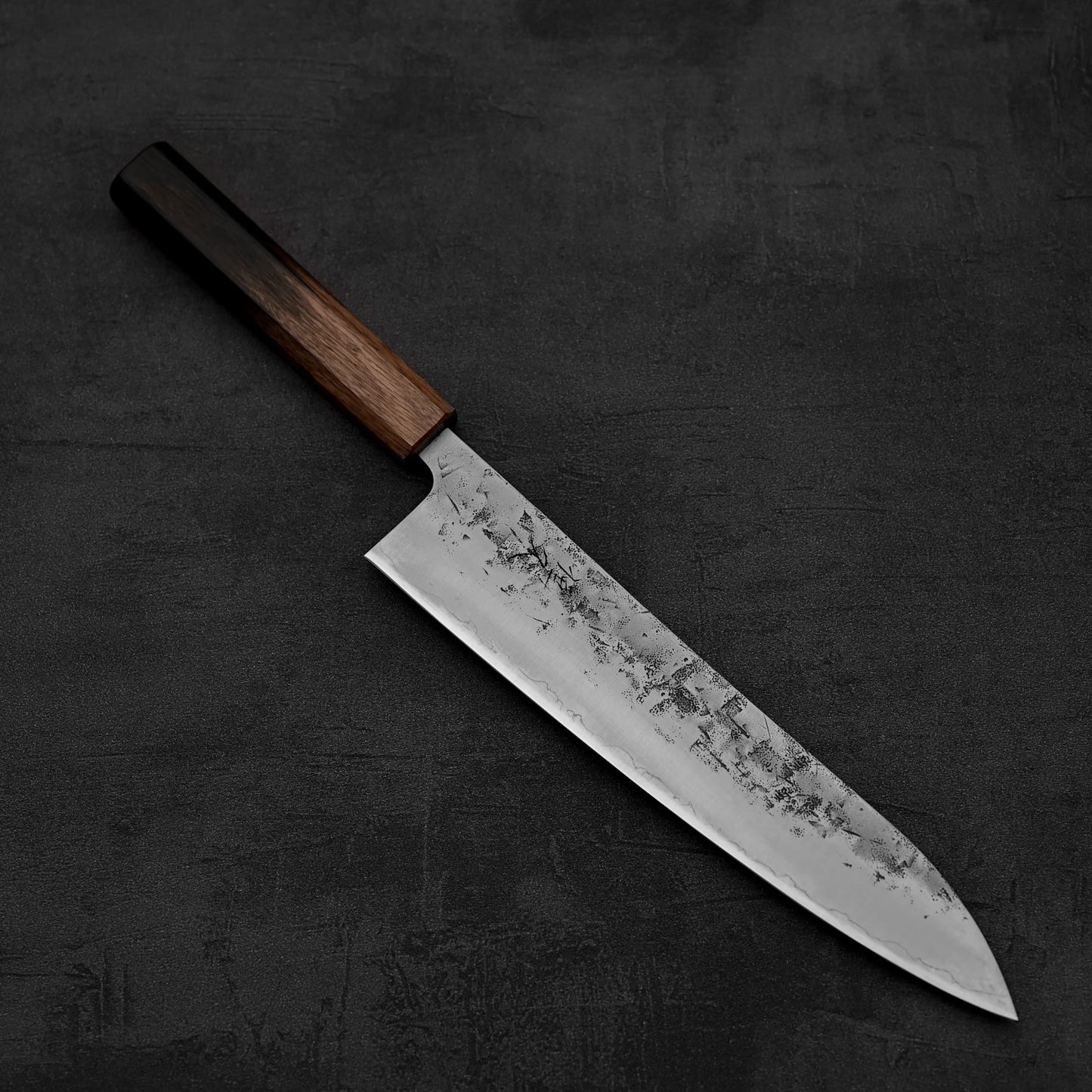 Another top down view of Tsunehisa nashiji SLD gyuto knife in diagonal position