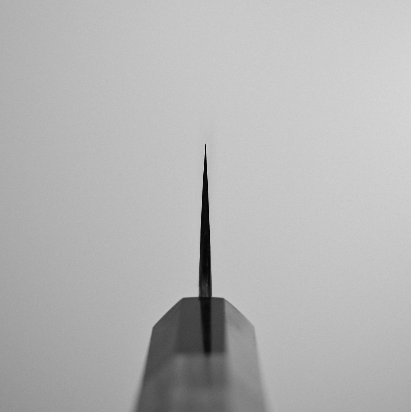 Close-up, centered view of the Nigara Hamono Nigara tsuchime AS gyuto 240mm blade pointing upwards against a plain, light background. The black and white image highlights the sharp tip of this premium knife.