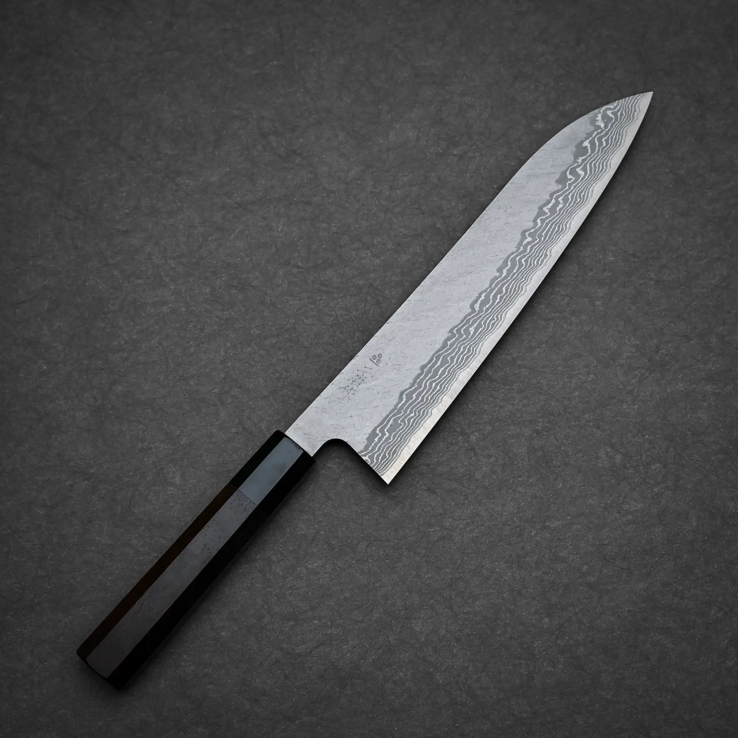 240mm Nigara tsuchime damascus VG10 gyuto showing full profile view