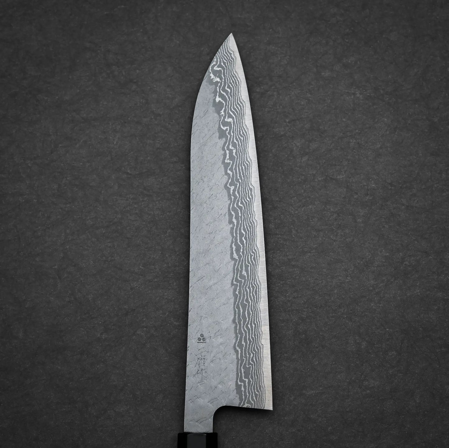 240mm Nigara tsuchime damascus VG10 gyuto knife right side view showing tsuchime damascus finish