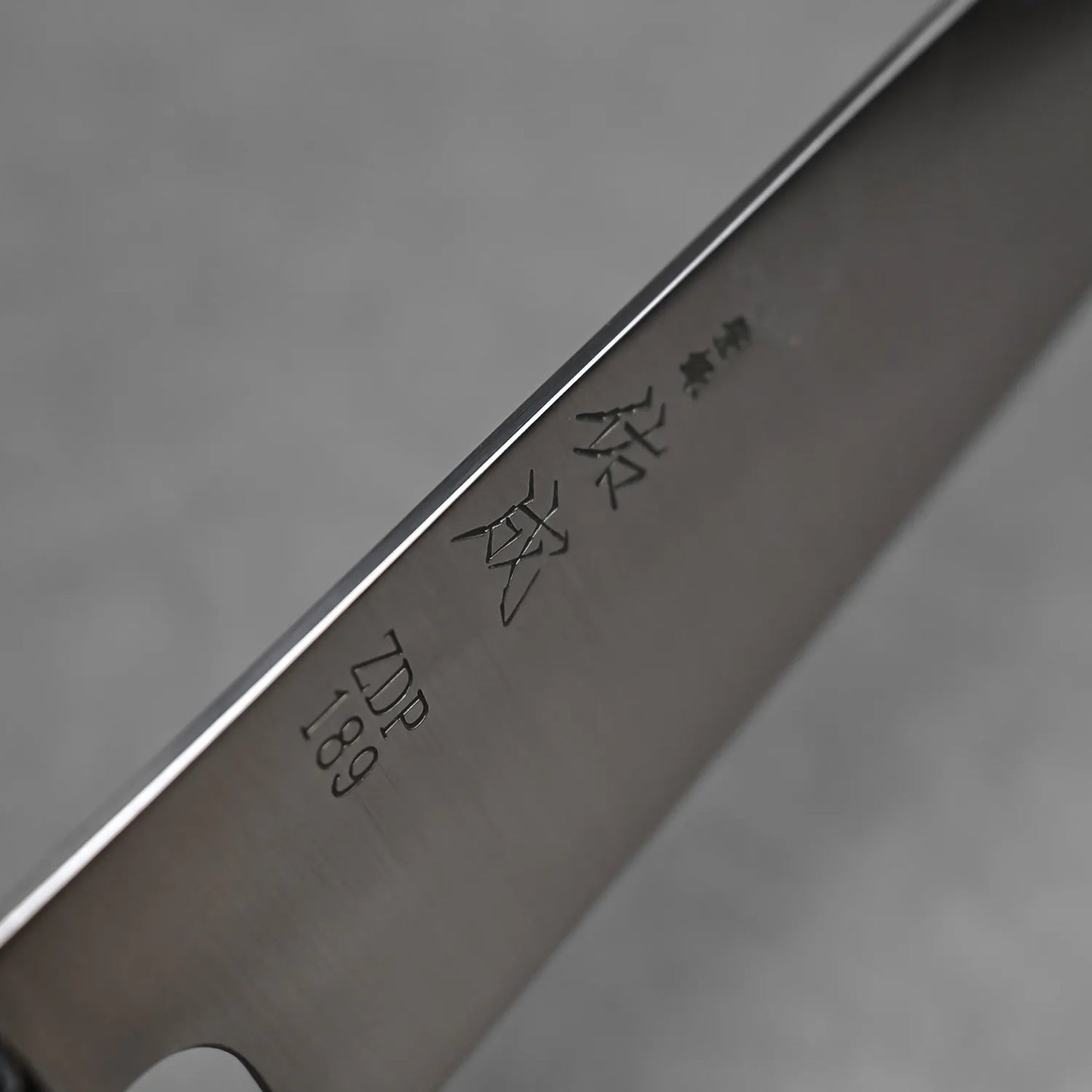 Close-up of the Sukenari ZDP189 gyuto 210mm blade by Sukenari, crafted from ZDP189 stainless steel with Japanese characters and ZDP-189 etched on the metal. The blurred gray background suggests traditional Toyama craftsmanship.