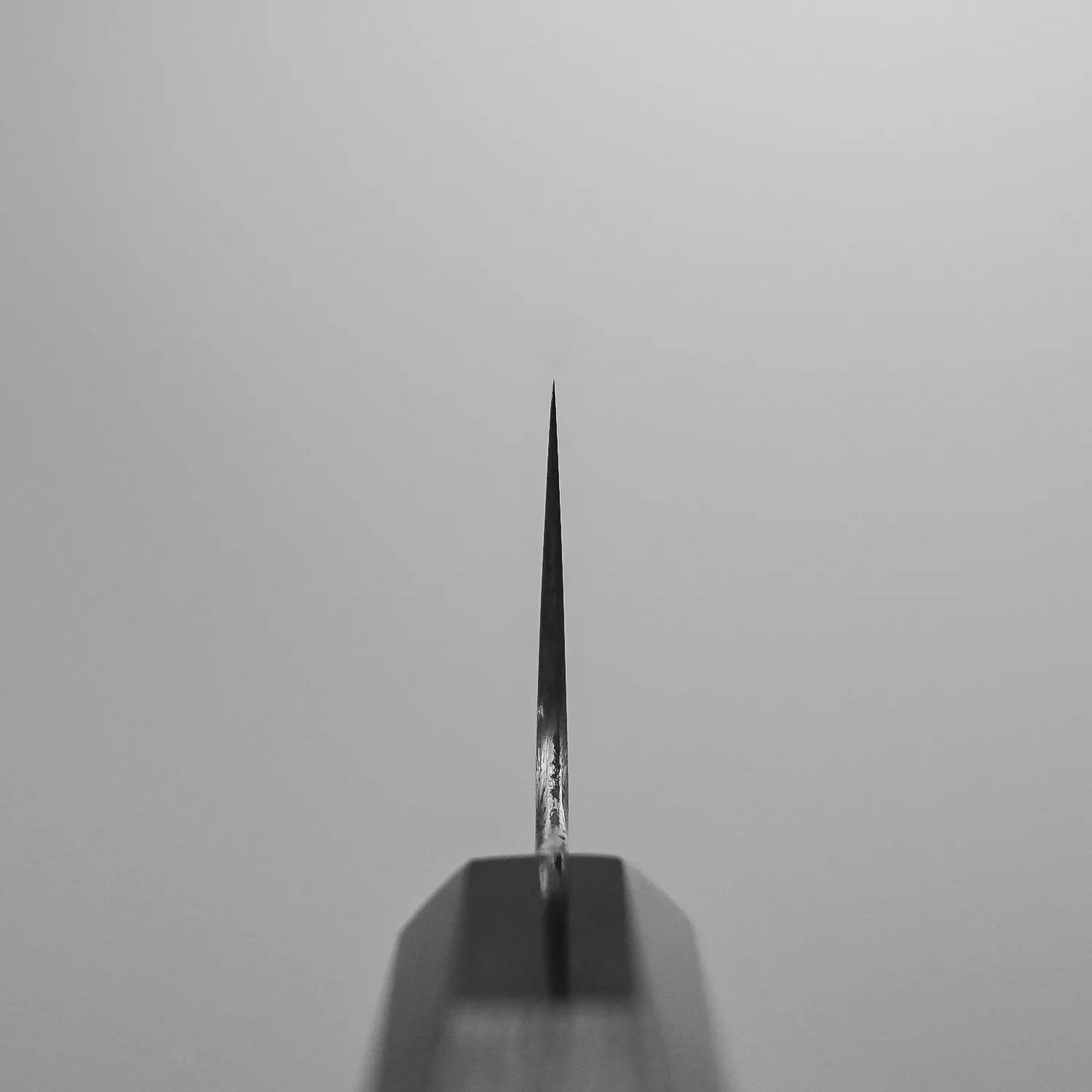 Close-up, centered view of the pointed tip of the Sukenari ZDP189 gyuto 210mm, crafted in Toyama, Japan. Shot from above against a plain backdrop, highlighting the sharpness and precision of its ZDP189 stainless steel blade.