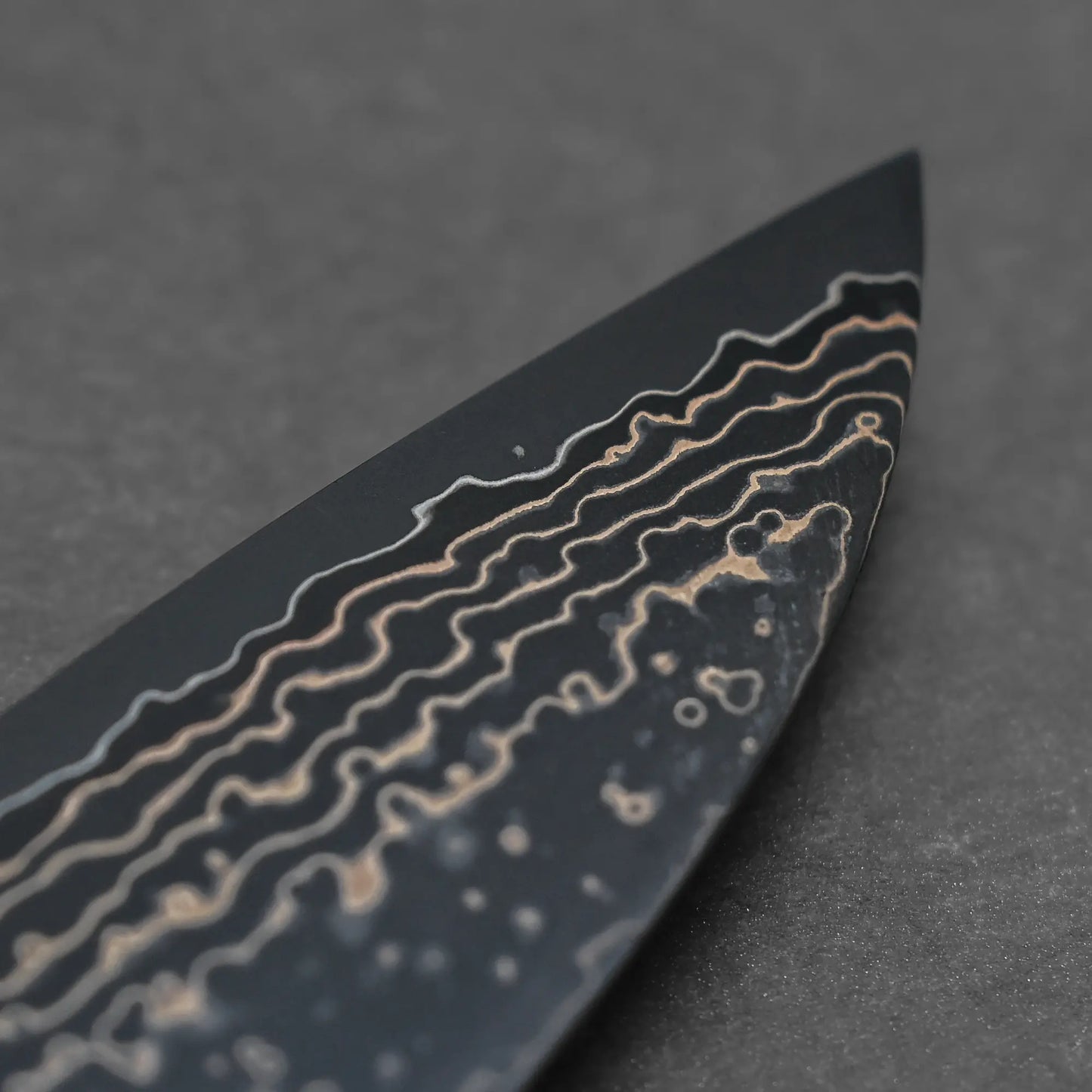 Close-up shot of the tip area of 210mm Takeshi Saji knife VG10 Gold damascus gyuto left side view