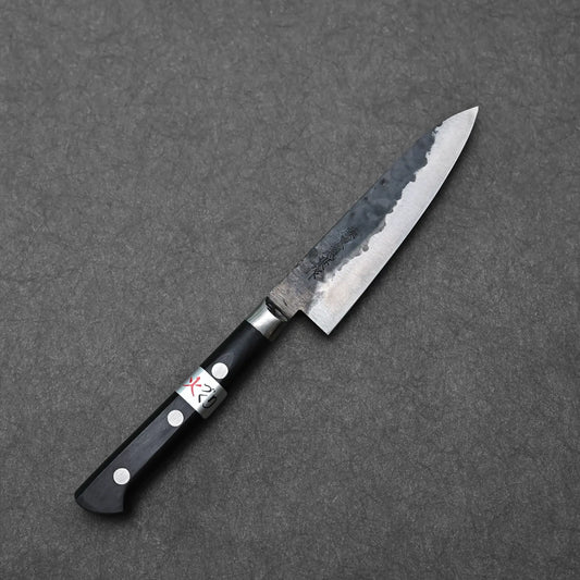 Full profile view of Teruyasu Fujiwara Denka petty knife 120mm shown on a gray background
