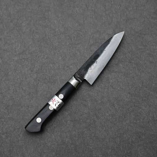 Full profile view of Teruyasu Fujiwara Denka 80mm petty knife displayed on a gray background