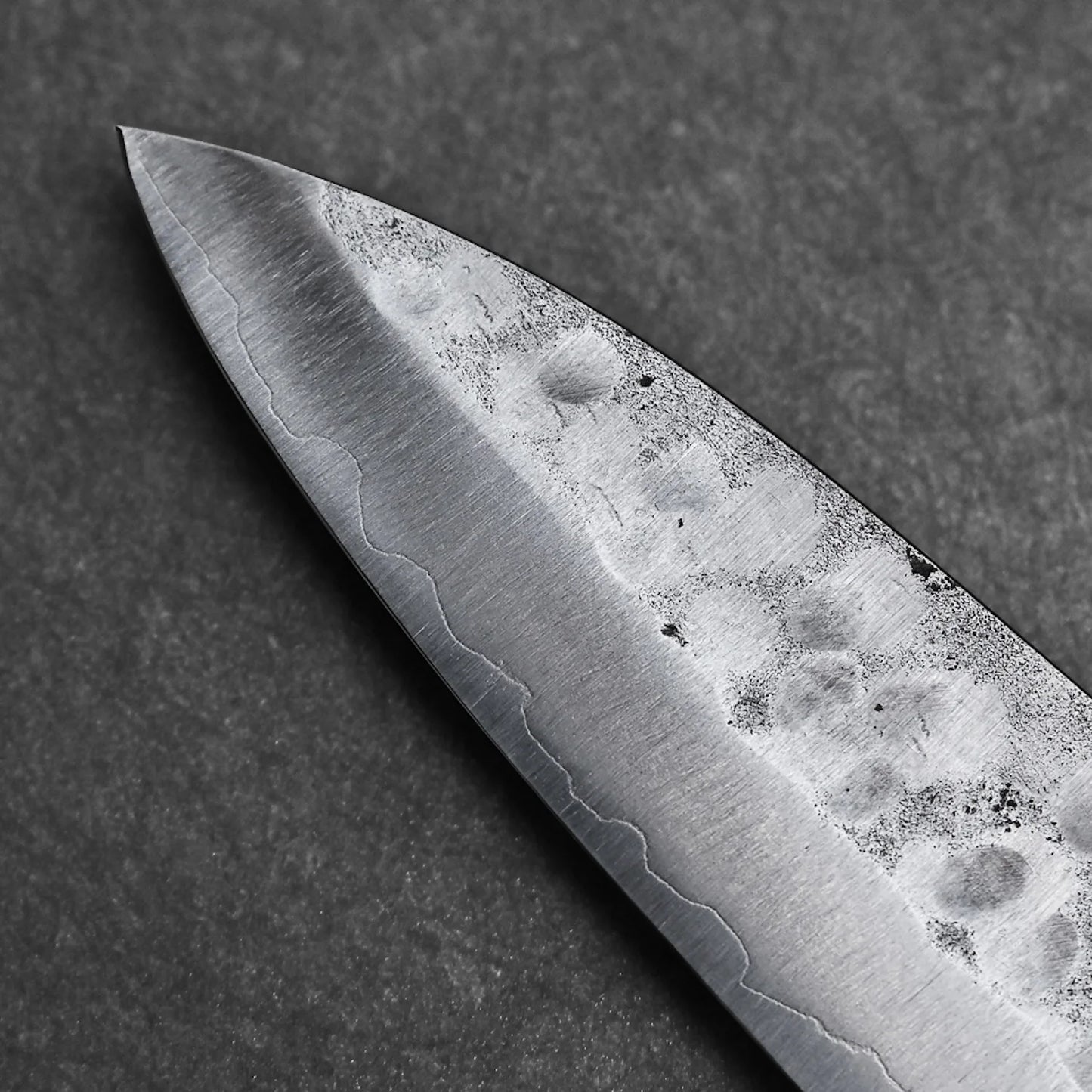 Close-up shot of the tip area of the gyuto knife