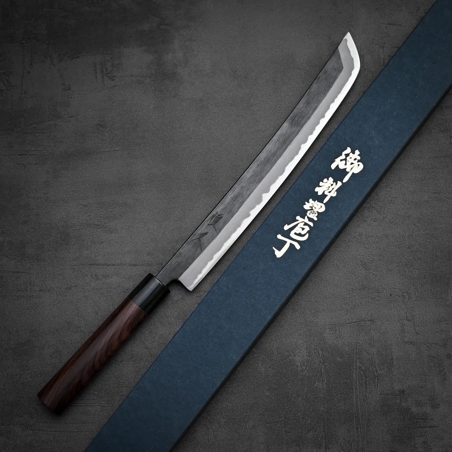 Tsunehisa knife kurouchi aogami#2 270mm sakimaru sujihiki capturing full blade length with its box