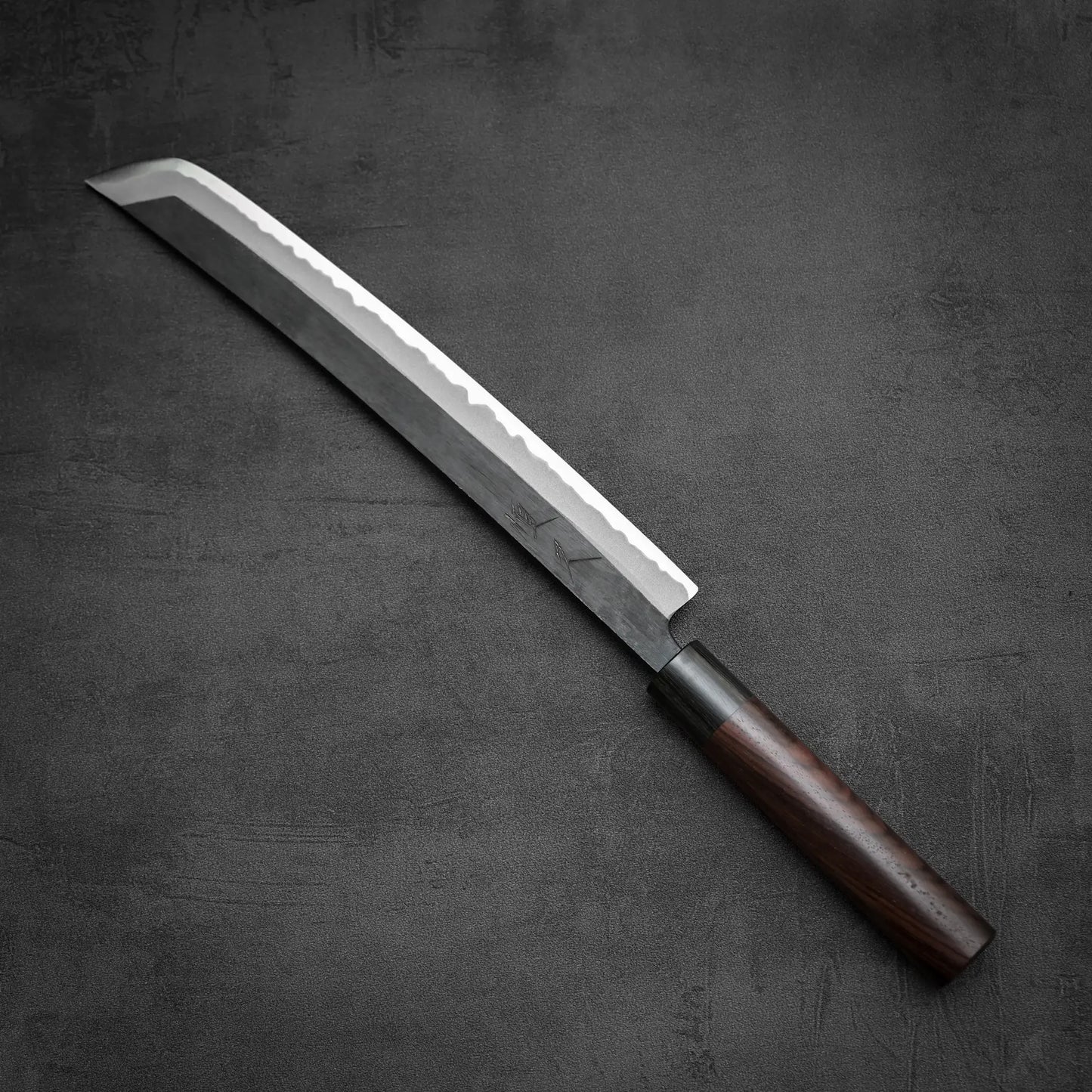 Tsunehisa knife kurouchi aogami#2 270mm sakimaru sujihiki displaying complete blade silhouette