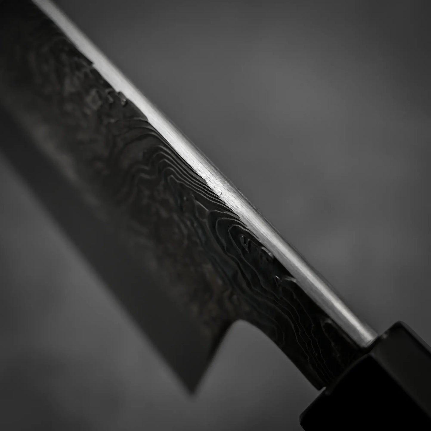 Macro shot of the spine of Yoshihide Masuda shirogami#2 damascus tall gyuto knife