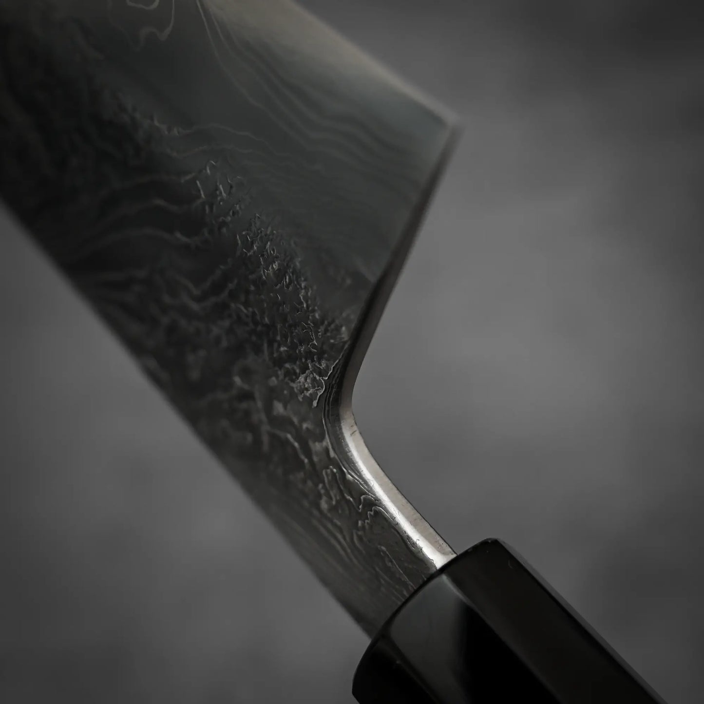 Macro shot of the choil of Yoshihide Masuda shirogami#2 damascus tall gyuto knife