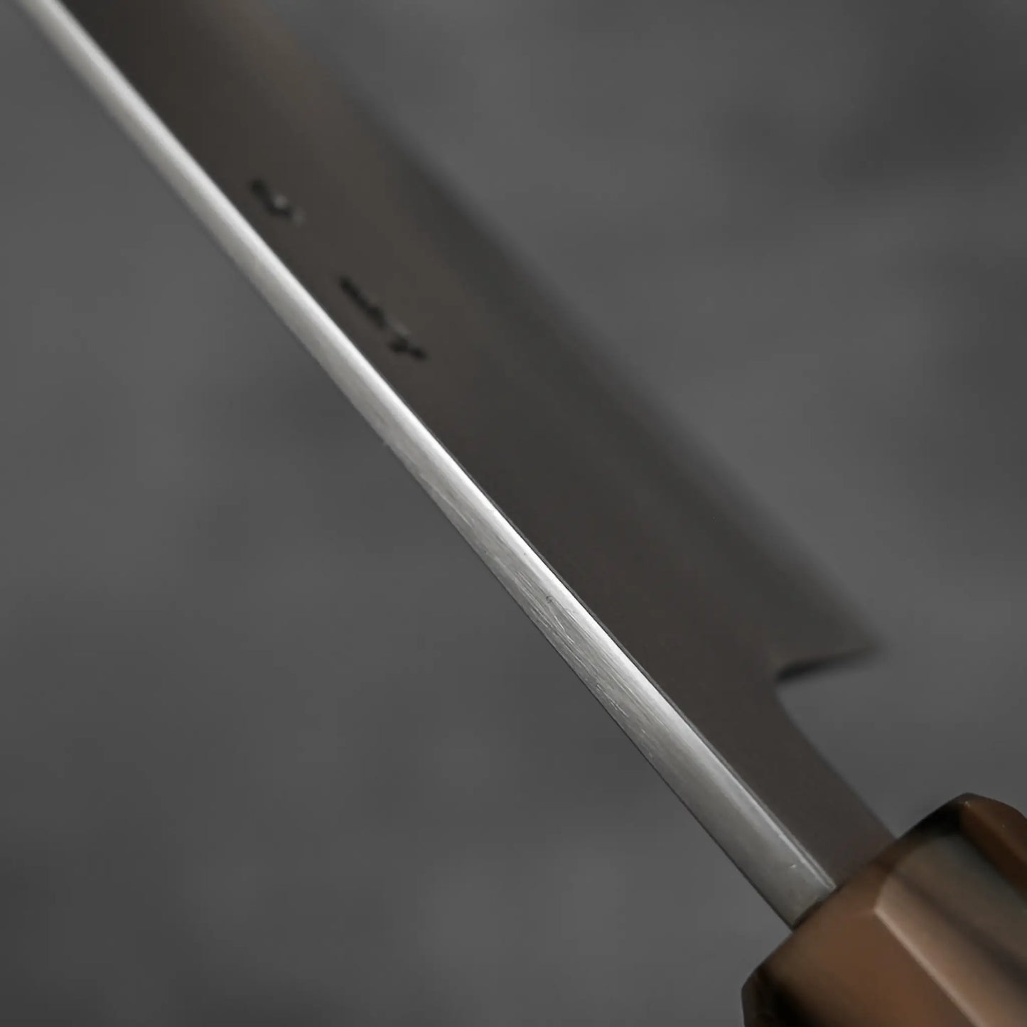 Close-up of the sharp edge of the Yoshikazu Tanaka AS tall gyuto 240mm, featuring a wooden handle and crafted by renowned blacksmith Yoshikazu Tanaka, set against a blurred dark background.