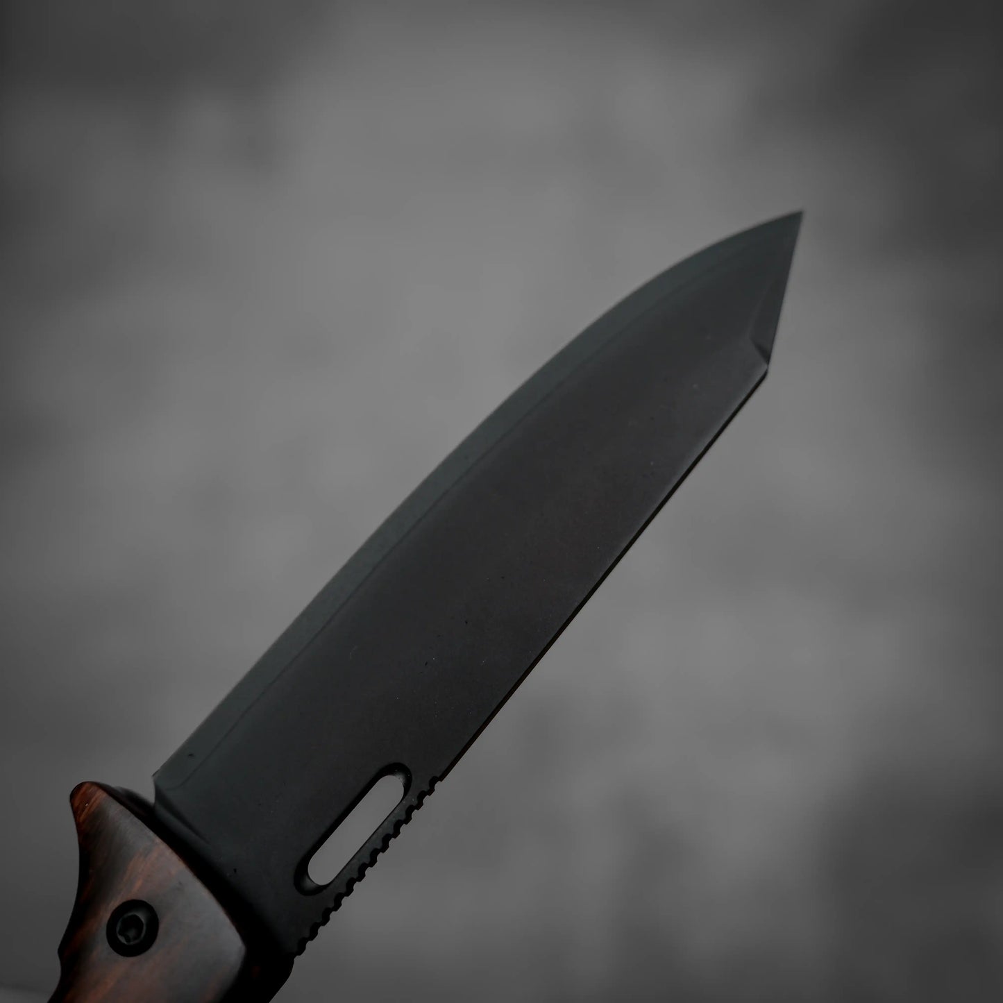 A close-up of the Yu Kurosaki SG2 folding pocket knife - ironwood by Yu Kurosaki, featuring a black SG2 stainless steel blade with a straight edge, ironwood handle, and slightly angular tip against a blurred gray background.