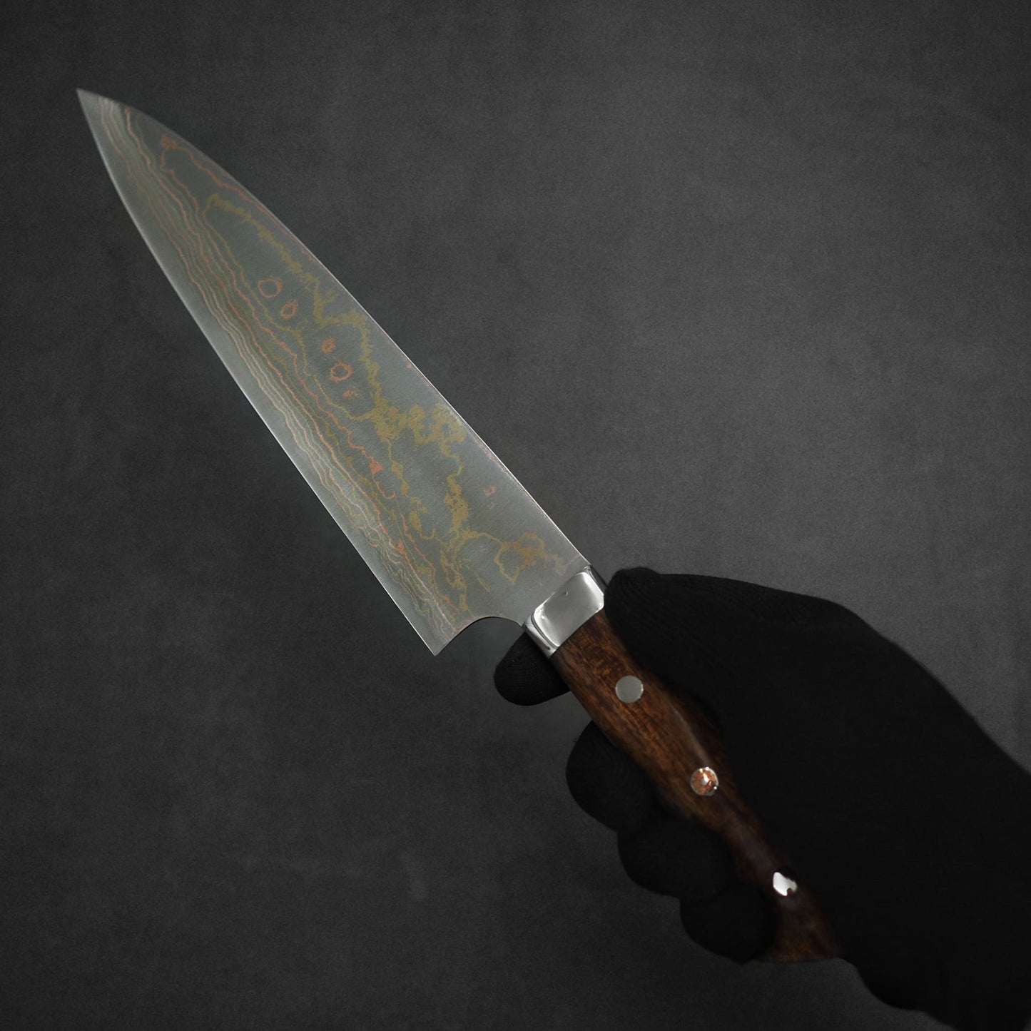A gloved hand holds the Takeshi Saji rainbow damascus aogami#2 gyuto 210mm by Takeshi Saji, featuring a Damascus steel blade and wooden handle, set against a plain dark background.