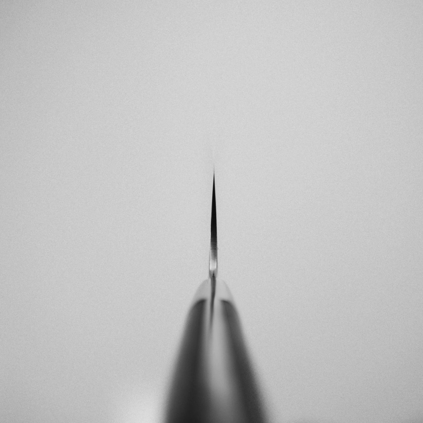 Close-up, top-down view of the Takeshi Saji rainbow damascus aogami#2 gyuto 210mm blade, positioned vertically against a light background. The centered edge highlights its symmetrical minimalist design and distinctive damascus pattern.
