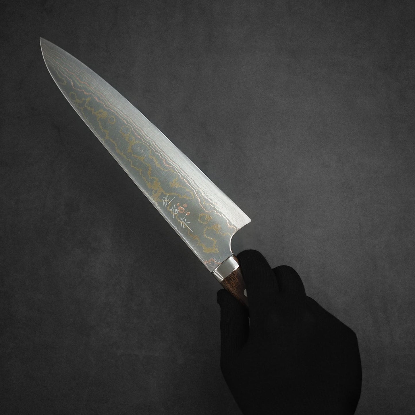 A hand in a black glove holds the Takeshi Saji rainbow damascus aogami#2 gyuto 240mm kitchen knife, showcasing its wooden handle against a dark, textured background.