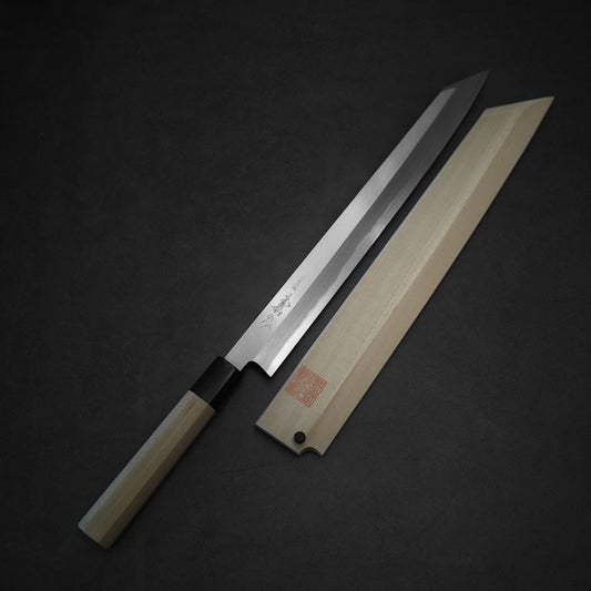 Top view of Yoshihiro josaku shirogami #2 kiritsuke yanagiba 300mm with saya