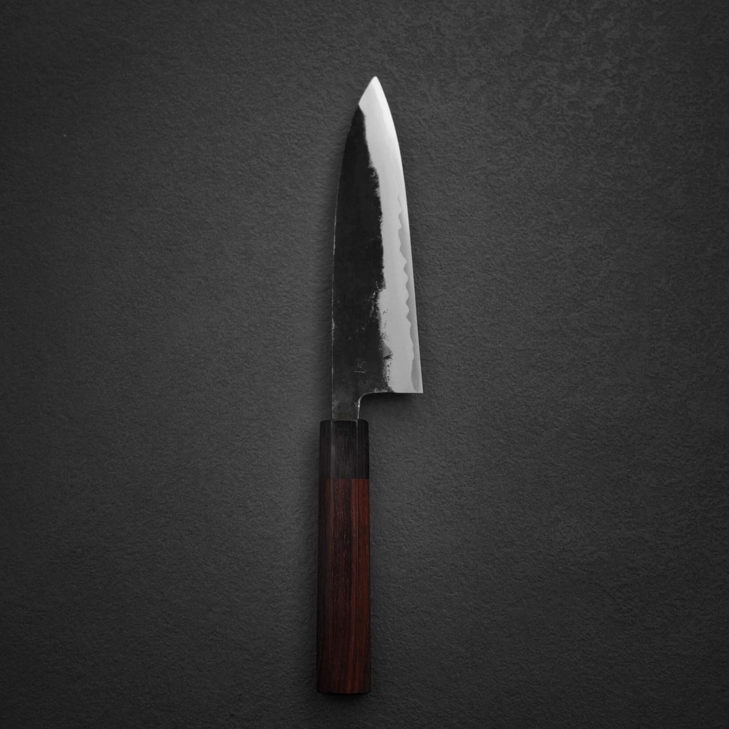 Top view of Murata Buho kurouchi aogami#1 funayuki knife in vertical position