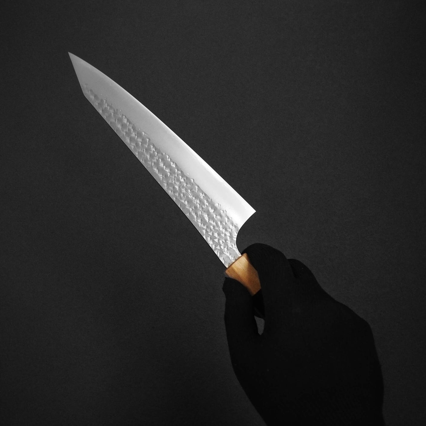 Hand holding Yu Kurosaki SG2 Senko kiritsuke gyuto 210mm