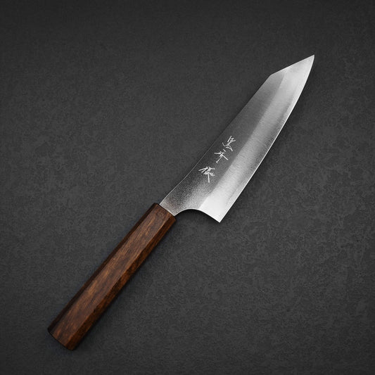 The Yu Kurosaki VG-XEOS Gekko bunka 165mm knife features a wooden handle, a sharp pointed stainless steel blade with engraved Japanese characters, and a polished nashiji finish, shown on a dark textured surface.