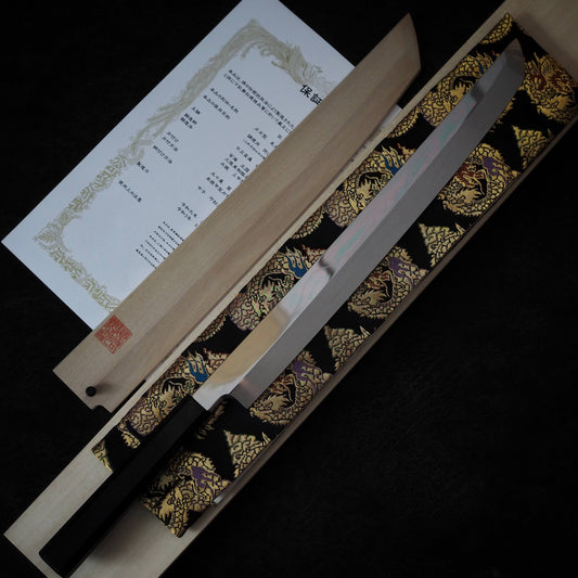 Genkai Masakuni (moonless Fujiyama) honyaki shirogami #1 360mm sakimaru takohiki - Zahocho Japanese Knives