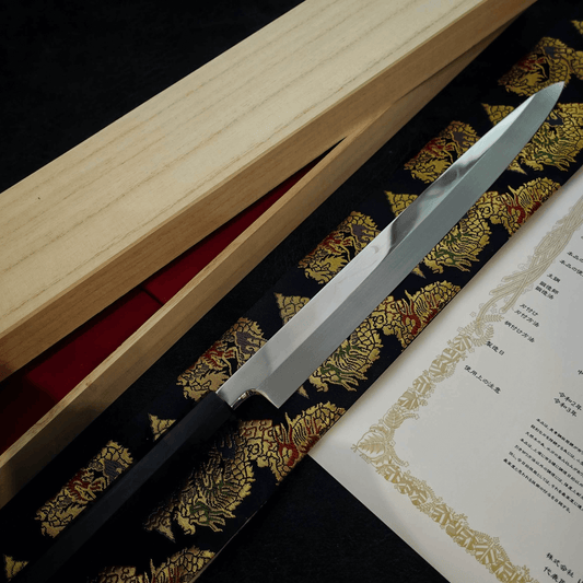 Genkai Masakuni (Mt. Fuji with crescent moon) shirogami #1 330mm honyaki yanagiba - Zahocho Japanese Knives