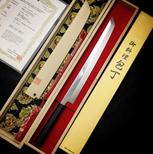 Genkai Masakuni (Mt. Fuji with crescent moon) shirogami #1 360mm honyaki sakimaru - Zahocho Japanese Knives