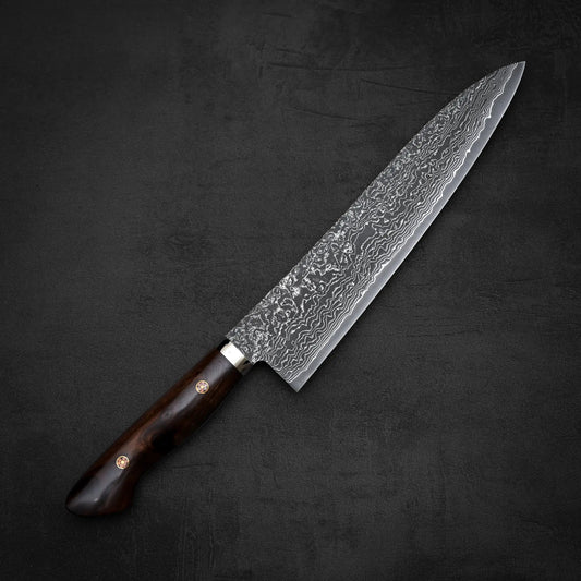 Top down view of Shigeki Tanaka R2 damascus ironwood gyuto knife