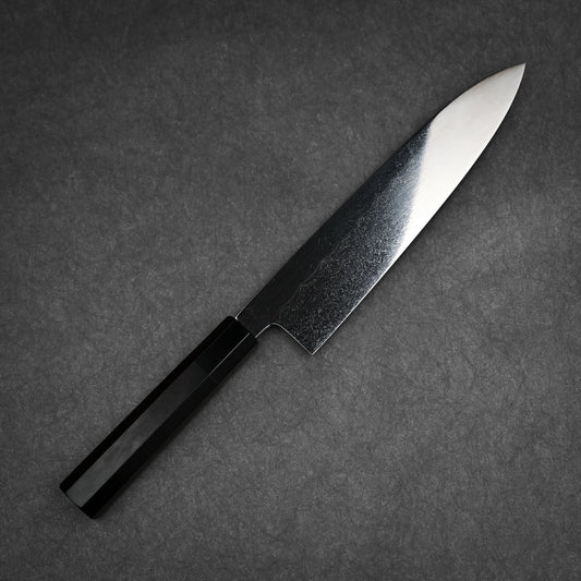 Yoshikazu Ikeda shirogami#3 honyaki gyuto with Mt. Fuji hamon showing complete blade profile