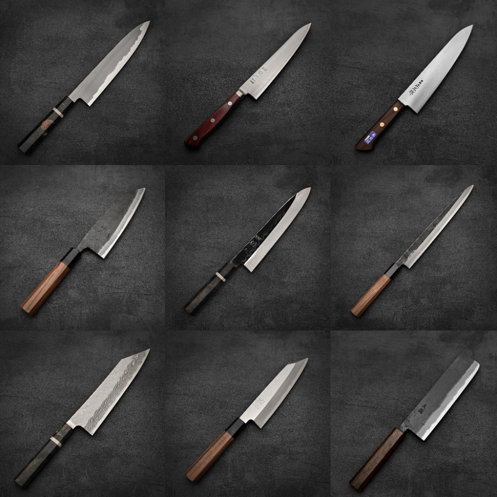 Nine Japanese kitchen knives with wooden handles on dark background, showing various types (gyuto, petty, nakiri, santoku, sujihiki, deba) in three rows. Differing blade lengths and styles suitable for both pro chefs and home cooks.