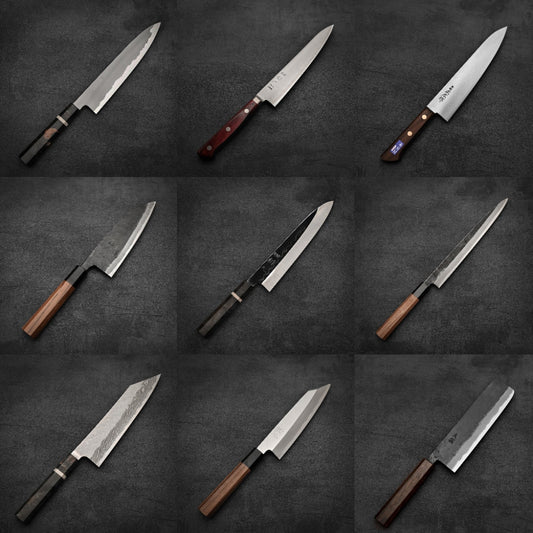 Nine Japanese kitchen knives with wooden handles on dark background, showing various types (gyuto, petty, nakiri, santoku, sujihiki, deba) in three rows. Differing blade lengths and styles suitable for both pro chefs and home cooks.