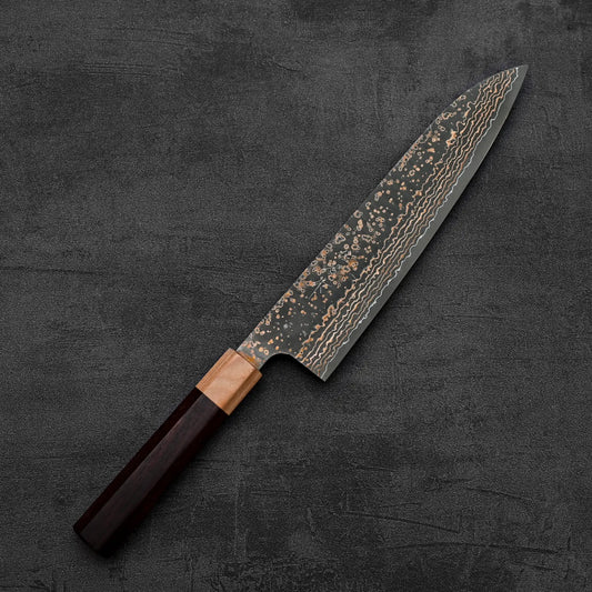 Top down view of Takeshi Saji VG10 damascus gyuto knife