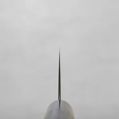 Close-up of a nakiri blade tip highlighting its distinctive straight edge and flat profile.