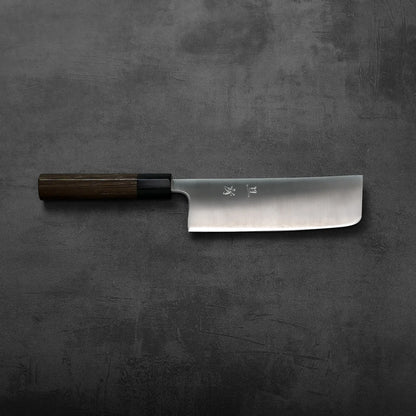 Nakiri with dark wood handle, showcasing clean lines and subtle grain along the full tang handle.
