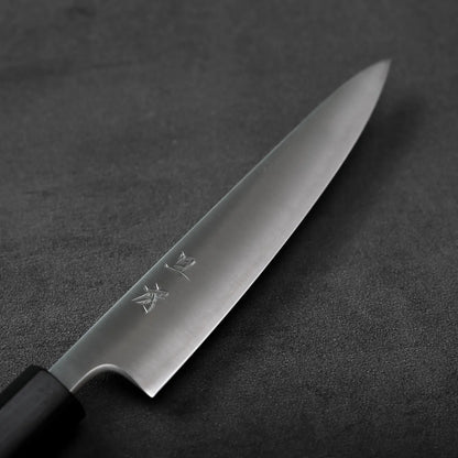 Close-up of a petty knife, showing blade characters in detail.