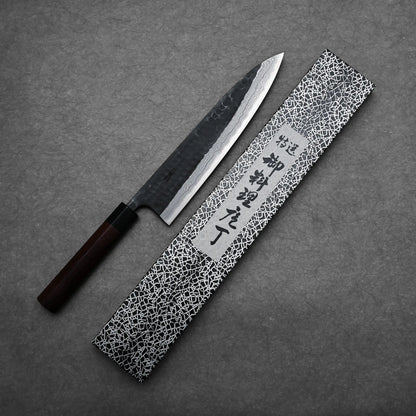 240mm Akifusa x Yamamoto tsuchime kurouchi damascus AS gyuto knife capturing full blade length with its box