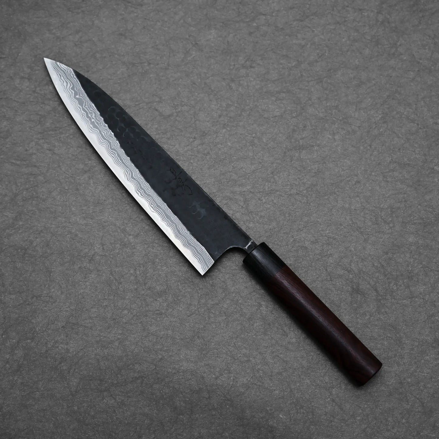 240mm Akifusa x Yamamoto tsuchime kurouchi damascus AS gyuto knife exhibiting full blade contour