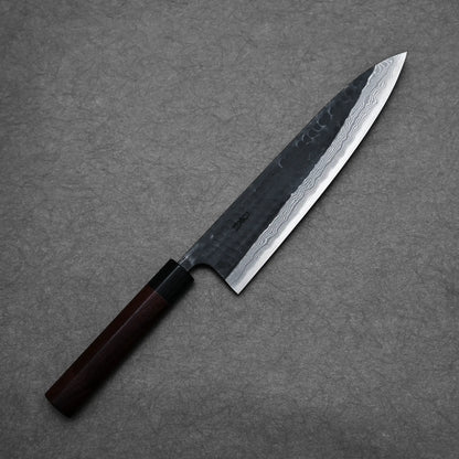 240mm Akifusa x Yamamoto tsuchime kurouchi damascus AS gyuto knife showing full profile view