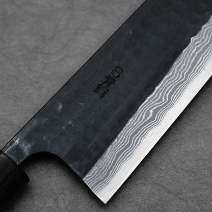 Close-up shot of the right side view of 240mm Akifusa x Yamamoto tsuchime kurouchi damascus AS gyuto knife