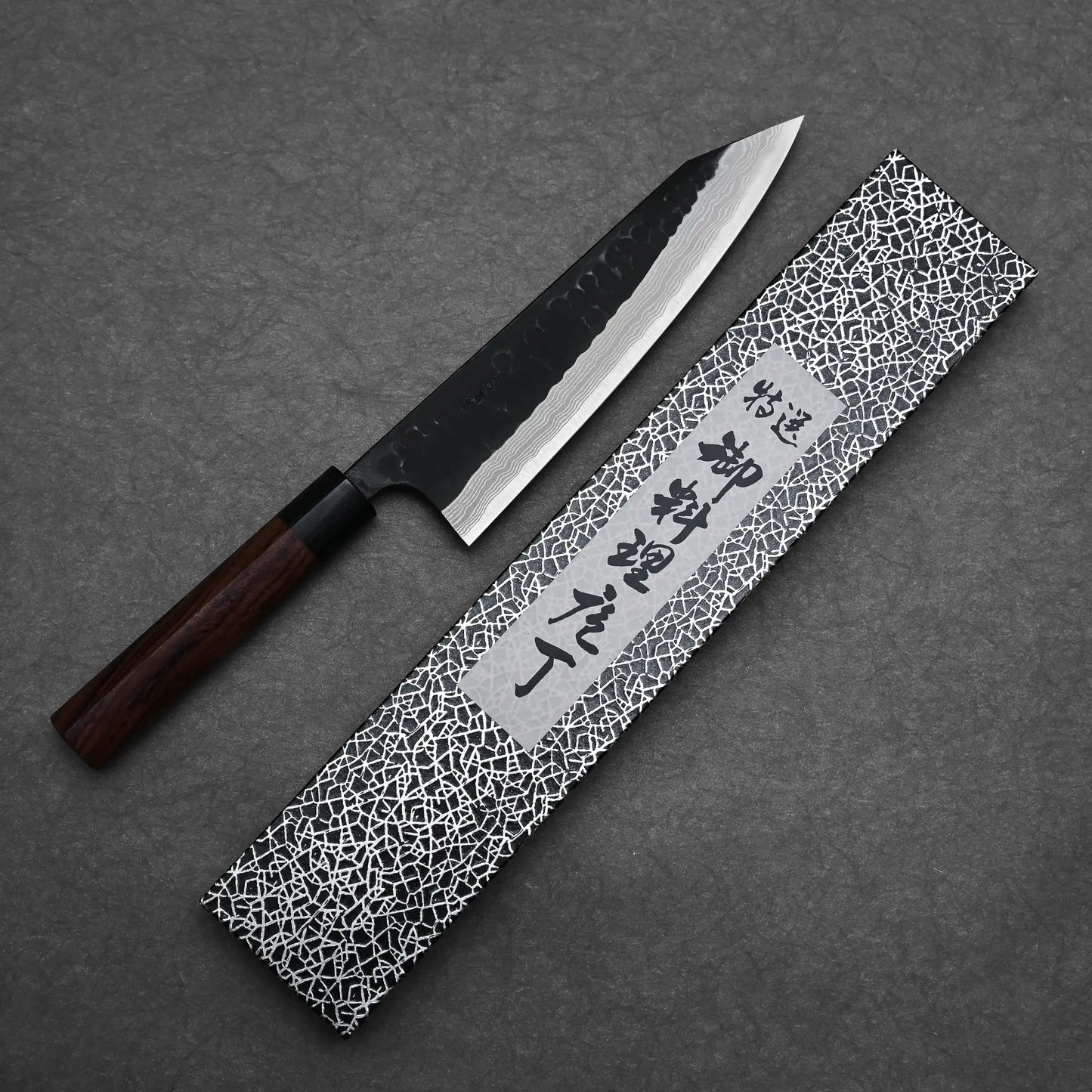 210mm Akifusa x Yamamoto tsuchime kurouchi damascus AS kiritsuke gyuto knife revealing complete blade profile with its box